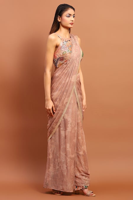 Soniya G_Beige Cotton Embroidery Square Neck Printed Pre-draped Saree With Blouse _Online_at_Aza_Fashions