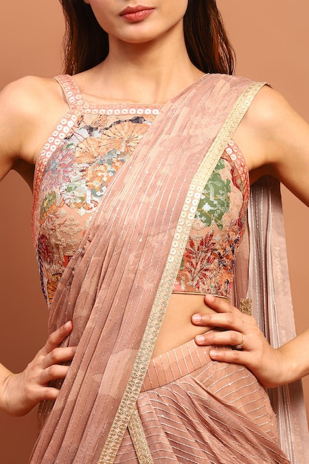 Shop_Soniya G_Beige Cotton Embroidery Square Neck Printed Pre-draped Saree With Blouse _Online_at_Aza_Fashions