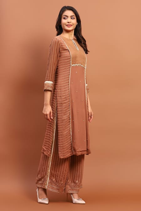 Soniya G_Brown Georgette Embroidery, Sequins Keyhole Neck Placement Kurta Set_Online_at_Aza_Fashions