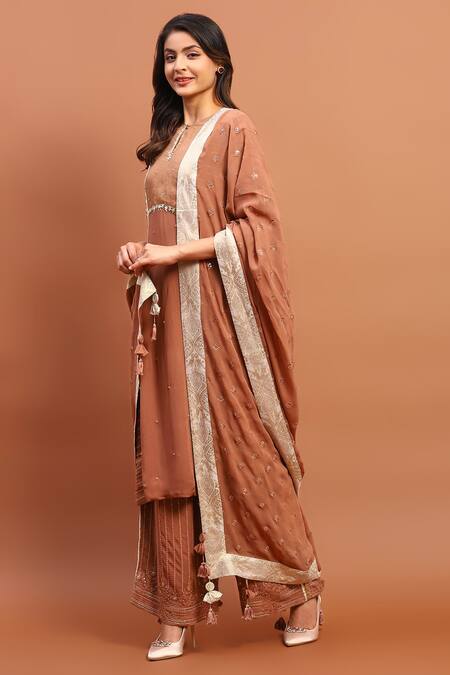 Buy_Soniya G_Brown Georgette Embroidery, Sequins Keyhole Neck Placement Kurta Set_Online_at_Aza_Fashions