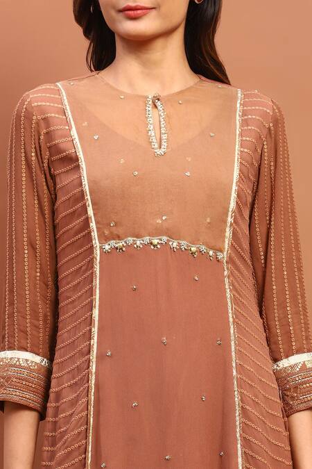 Shop_Soniya G_Brown Georgette Embroidery, Sequins Keyhole Neck Placement Kurta Set_Online_at_Aza_Fashions
