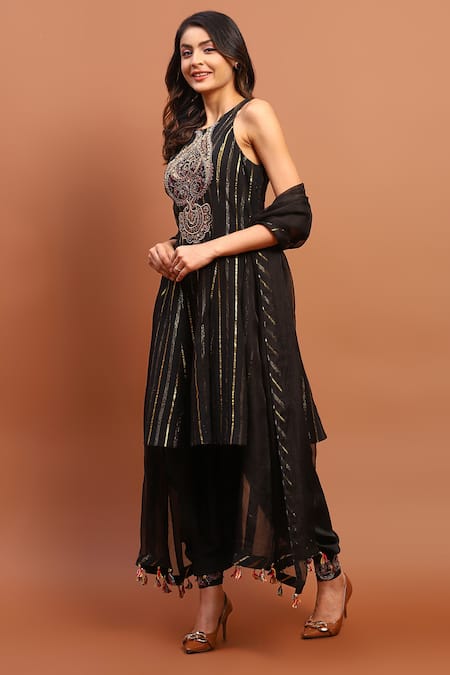 Soniya G Black Georgette Hand Embroidered Zari Round Neck Yoke Anarkali Salwar Set 