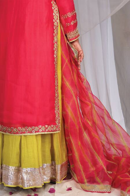 Buy_Kyra By Bhavna_Fuchsia Organza, Chanderi, Georgette Embroidery Split Kurta Set With Dupatta _Online_at_Aza_Fashions