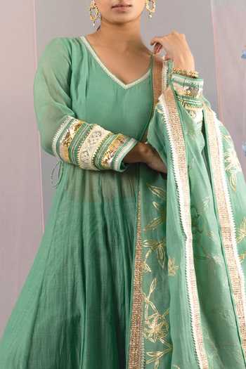 Kyra By Bhavna_Green Chanderi Tassels, Embroidery, Gota Patti V-neck Anarkali Sharara Set _Online_at_Aza_Fashions