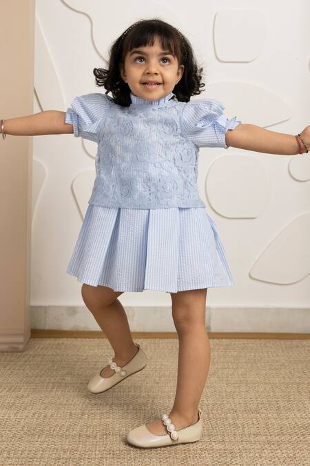 Buy_Mini Trails_Blue Lace, Cotton Embroidery Gloria Jacquard Top And Dress Set_Online_at_Aza_Fashions