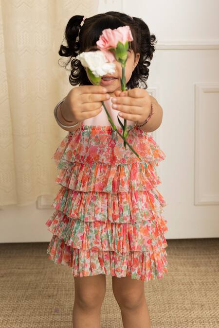 Mini Trails_Multi Color Cotton, Tulle Grish Printed Layered Frill Dress_Online_at_Aza_Fashions