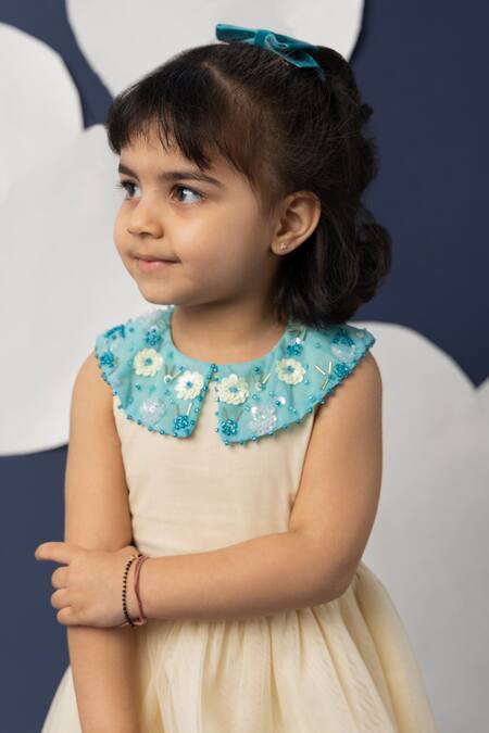 Buy_Mini Trails_Cream Cotton, Tulle Sequins, Beads Shizuka Embellished Chelsea Collar Dress_Online_at_Aza_Fashions