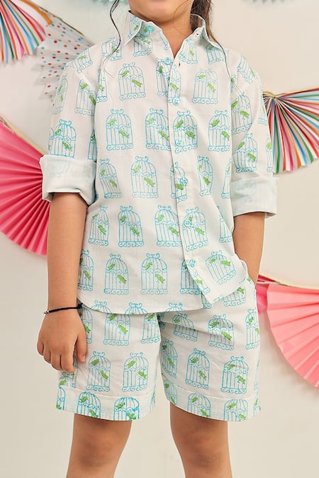 Buy Tiny Colour White Cotton Bird Print Shirt And Shorts Set Online at Aza Fashions Buy_Tiny Colour_White Cotton Bird Print Shirt And Shorts Set _Online_at_Aza_Fashions