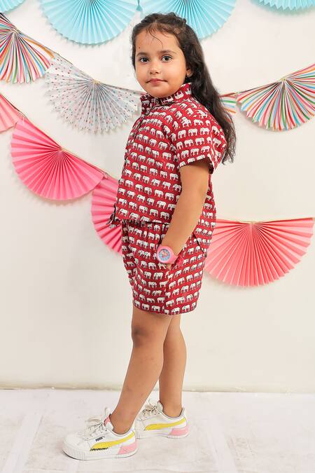 Buy_Tiny Colour_Red Cotton Elephant Print Shirt And Shorts Set _Online_at_Aza_Fashions