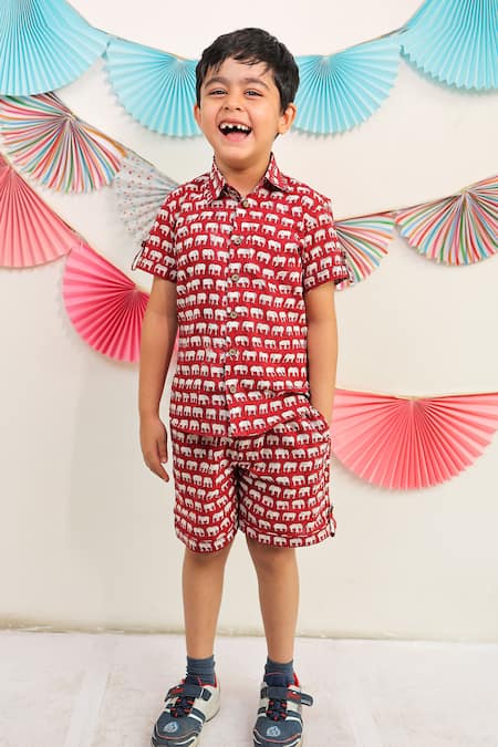 TINY COLOUR Red Cotton Printed Elephant Shirt And Shorts Set 