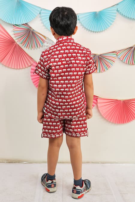 Shop_Tiny Colour_Red Cotton Printed Shirt And Shorts Set _at_Aza_Fashions