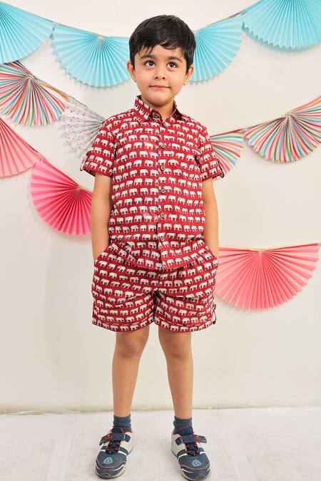 Buy_Tiny Colour_Red Cotton Printed Shirt And Shorts Set _Online_at_Aza_Fashions