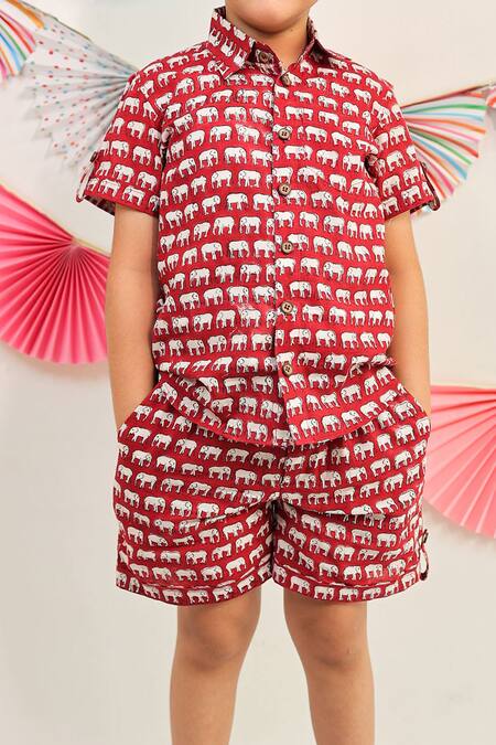 Shop_Tiny Colour_Red Cotton Printed Shirt And Shorts Set _Online_at_Aza_Fashions