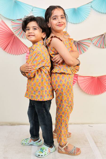 Tiny Colour_Yellow Cotton Sunny Daze Printed Top And Pant Set _Online_at_Aza_Fashions