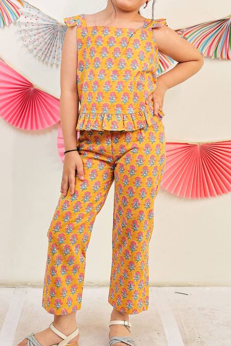 Buy_Tiny Colour_Yellow Cotton Sunny Daze Printed Top And Pant Set _Online_at_Aza_Fashions
