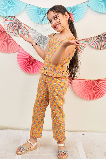 Shop_Tiny Colour_Yellow Cotton Sunny Daze Printed Top And Pant Set _Online_at_Aza_Fashions
