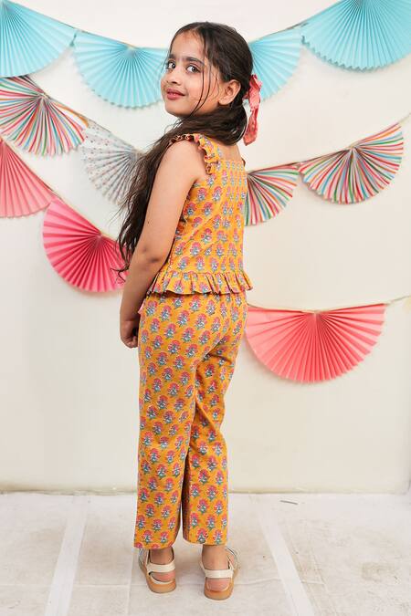 Tiny Colour_Yellow Cotton Sunny Daze Printed Top And Pant Set _at_Aza_Fashions