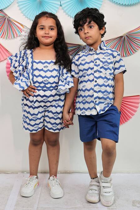 Tiny Colour Blue Cotton Whimsical Wave Print Playsuit at Aza Fashions Tiny Colour_Blue Cotton Whimsical Wave Print Playsuit _at_Aza_Fashions