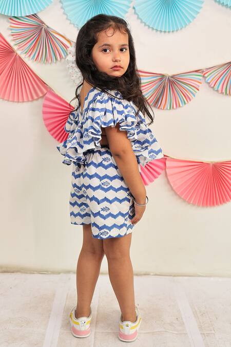 Buy Tiny Colour Blue Cotton Whimsical Wave Print Playsuit Buy_Tiny Colour_Blue Cotton Whimsical Wave Print Playsuit
