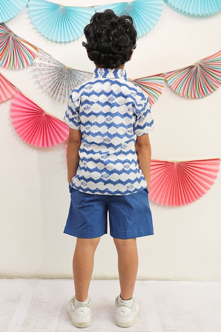 Shop Tiny Colour Blue Cotton Whimsical Wave Print Shirt And Shorts Set at Aza Fashions Shop_Tiny Colour_Blue Cotton Whimsical Wave Print Shirt And Shorts Set _at_Aza_Fashions