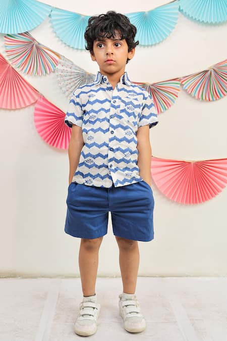 Tiny Colour Blue Cotton Whimsical Wave Print Shirt And Shorts Set Online at Aza Fashions Tiny Colour_Blue Cotton Whimsical Wave Print Shirt And Shorts Set _Online_at_Aza_Fashions