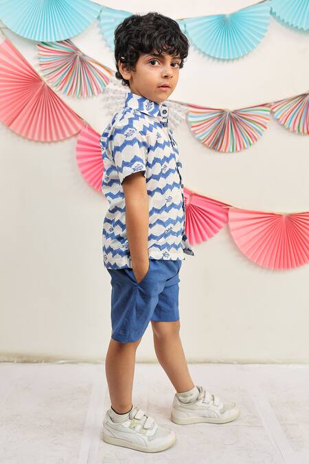 Shop Tiny Colour Blue Cotton Whimsical Wave Print Shirt And Shorts Set Online at Aza Fashions Shop_Tiny Colour_Blue Cotton Whimsical Wave Print Shirt And Shorts Set _Online_at_Aza_Fashions