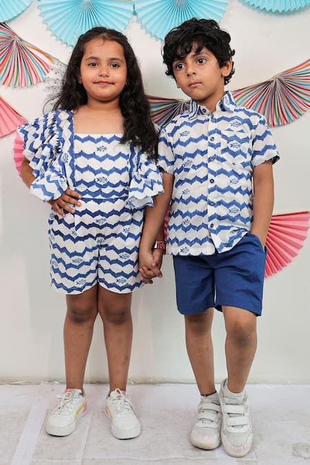 Tiny Colour Blue Cotton Whimsical Wave Print Shirt And Shorts Set at Aza Fashions Tiny Colour_Blue Cotton Whimsical Wave Print Shirt And Shorts Set _at_Aza_Fashions