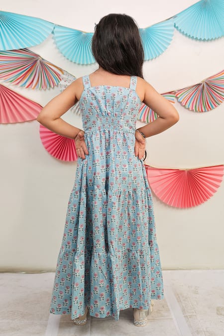 Shop Tiny Colour Blue Cotton Printed Tiered Dress at Aza Fashions Shop_Tiny Colour_Blue Cotton Printed Tiered Dress _at_Aza_Fashions