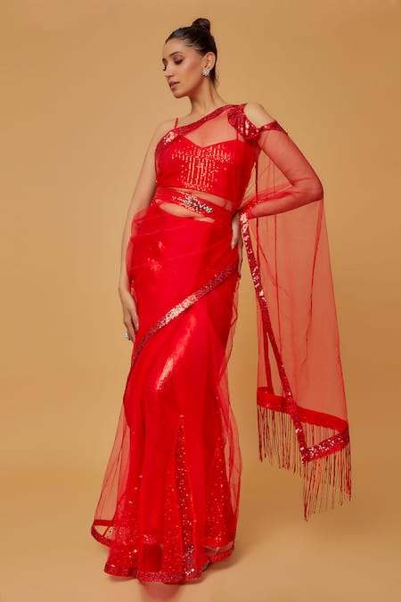 Anita Kanwal Cold Shoulder Fringed Pallu Saree With Blouse 