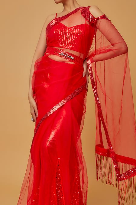 Shop Anita Kanwal White Net Embellished Sequin Cold Shoulder Fringed Pallu Saree With Blouse at Aza Fashions Shop_Anita Kanwal_White Net Embellished Sequin Cold Shoulder Fringed Pallu Saree With Blouse _at_Aza_Fashions