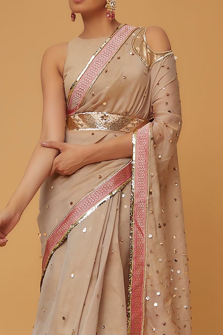 Shop Anita Kanwal Brown Silk, Brocade, Cotton Sequins, Embroidery Mukaish Work Embellished Saree at Aza Fashions Shop_Anita Kanwal_Brown Silk, Brocade, Cotton Sequins, Embroidery Mukaish Work Embellished Saree_at_Aza_Fashions