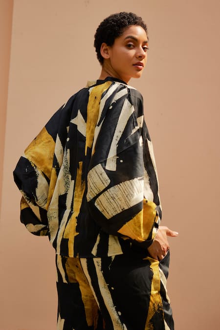 Nouria By Dipti Advait_Black Bamberg Cotton Satin Dawn Abstract Print Shirt And Pant Set_Online_at_Aza_Fashions