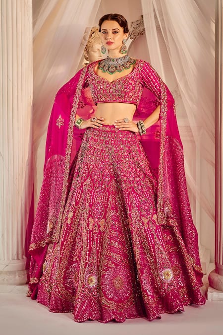 Rachit Khanna Pink Raw Silk Embroidered Glass Beads Leaf Neck Bridal Lehenga Set  