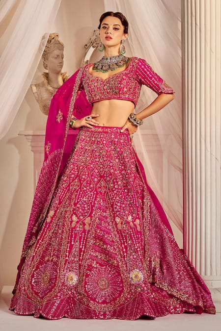 Rachit Khanna_Pink Silk Beads, Sequins Glass Embroidered Bridal Lehenga Set _Online_at_Aza_Fashions