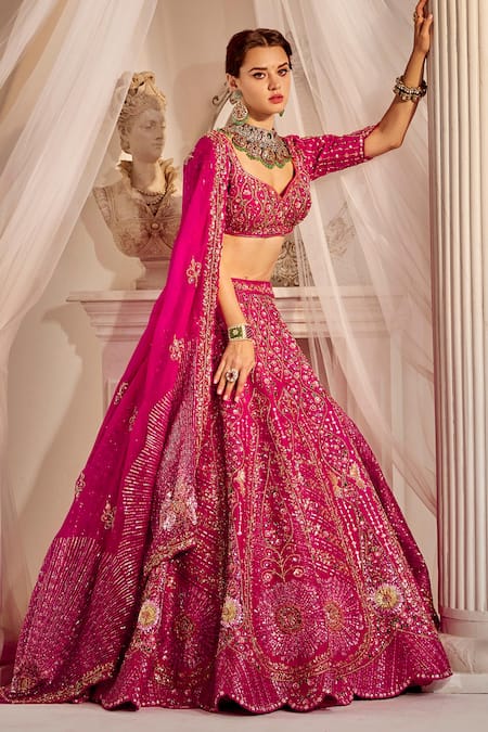 Buy_Rachit Khanna_Pink Silk Beads, Sequins Glass Embroidered Bridal Lehenga Set _Online_at_Aza_Fashions