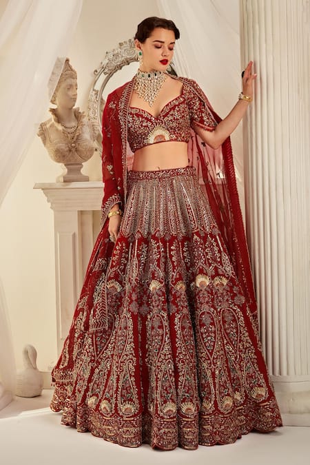 Rachit Khanna_Red Silk Beads, Sequins, Diamonds Dabka And Nakshi Embroidered Bridal Lehenga Set _Online_at_Aza_Fashions