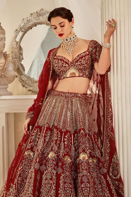 Buy_Rachit Khanna_Red Silk Beads, Sequins, Diamonds Dabka And Nakshi Embroidered Bridal Lehenga Set _Online_at_Aza_Fashions