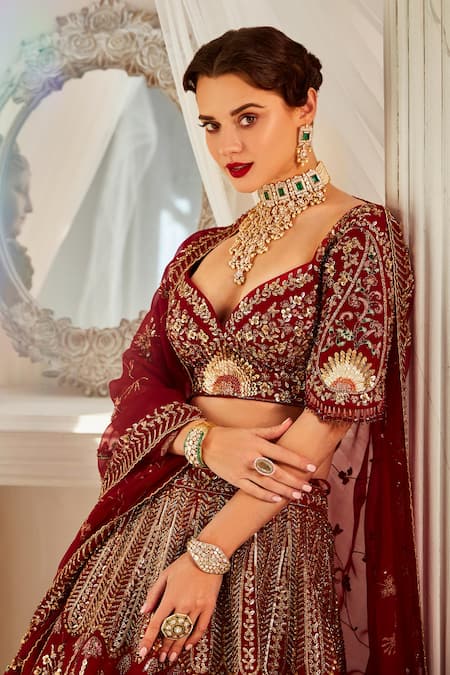 Shop_Rachit Khanna_Red Silk Beads, Sequins, Diamonds Dabka And Nakshi Embroidered Bridal Lehenga Set _Online_at_Aza_Fashions