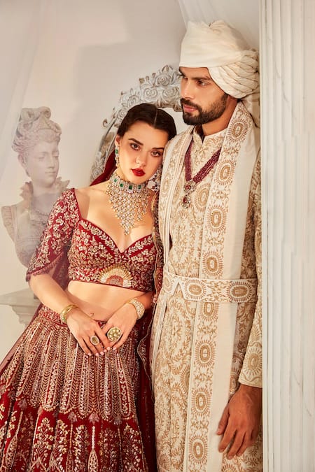 Buy_Rachit Khanna_Red Silk Beads, Sequins, Diamonds Dabka And Nakshi Embroidered Bridal Lehenga Set 