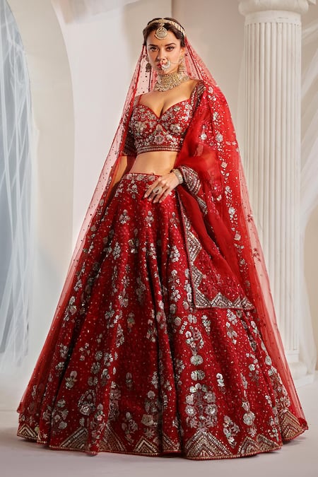 Buy_Rachit Khanna_Red Silk, Chiffon Embroidery Sweetheart Neck 3d Floral Jaal Bridal Lehenga Set _Online_at_Aza_Fashions
