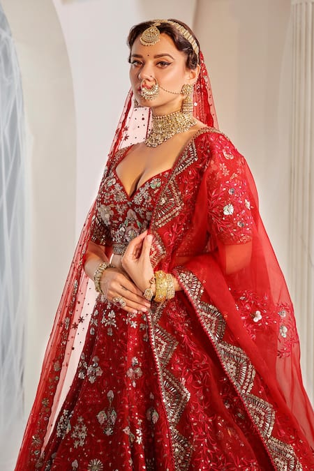 Shop_Rachit Khanna_Red Silk, Chiffon Embroidery Sweetheart Neck 3d Floral Jaal Bridal Lehenga Set _Online_at_Aza_Fashions
