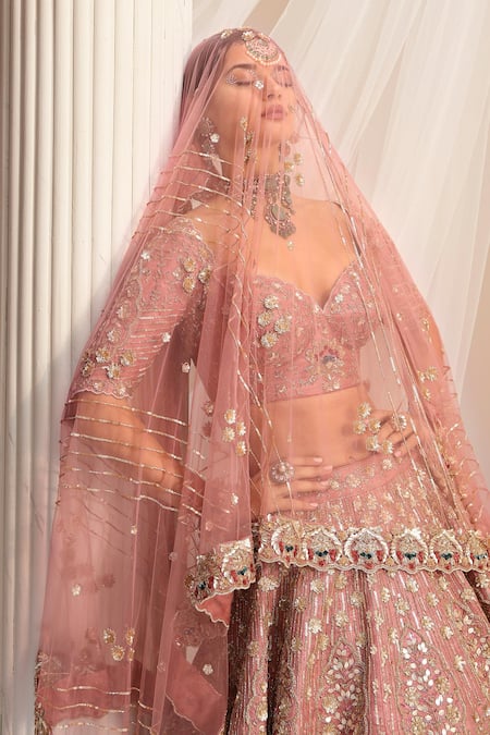 Rachit Khanna_Pink Silk Beads, Sequins Sweetheart Neck And Dabka Embroidered Bridal Lehenga Set _Online_at_Aza_Fashions