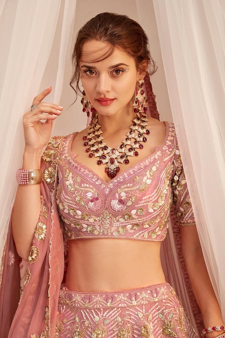 Rachit Khanna_Pink Silk Beads, Sequins, Embroidery Collared Paisley Bridal Lehenga Set _Online_at_Aza_Fashions