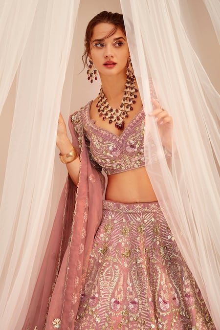 Buy_Rachit Khanna_Pink Silk Beads, Sequins, Embroidery Collared Paisley Bridal Lehenga Set _Online_at_Aza_Fashions