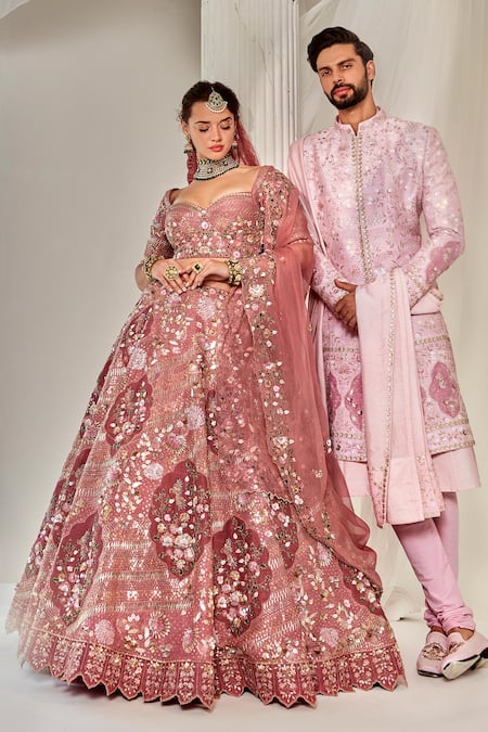 Buy_Rachit Khanna_Pink Silk Sequins, Embroidery, Beads Sweetheart Glass And Bridal Lehenga Set _Online_at_Aza_Fashions