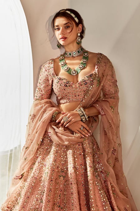 Rachit Khanna_Gold Silk Beads, Sequins Sweetheart Neck And Embroidered Bridal Lehenga Set _Online_at_Aza_Fashions