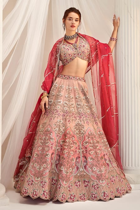 Buy Peach Pink Embroidered 12 Kali Bridal Lehenga With Embroidered Belt In  Raw Silk KALKI Fashion India