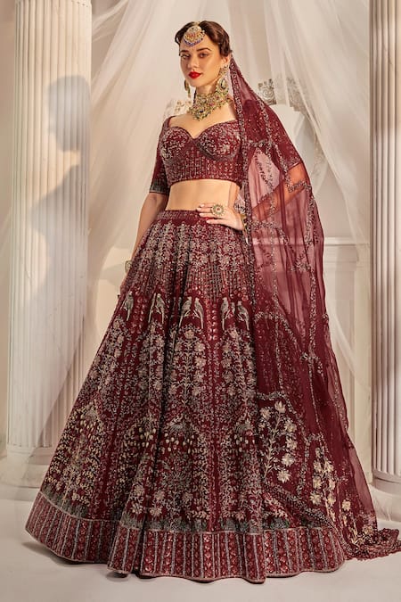 Buy Wine Velvet Embroidered Floral The Temple Night Sky Bridal Lehenga Set  For Women by MATSYA Online at Aza Fashions.