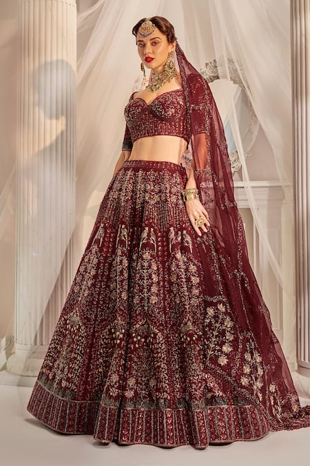 Bridal Wear Wine Color Heavy Chinon With Fusing Sequence Embroidery Work  Lehenga, कढ़ाई वाला दुल्हन का लेहंगा - Skyblue Fashion, Surat | ID:  2850461886073