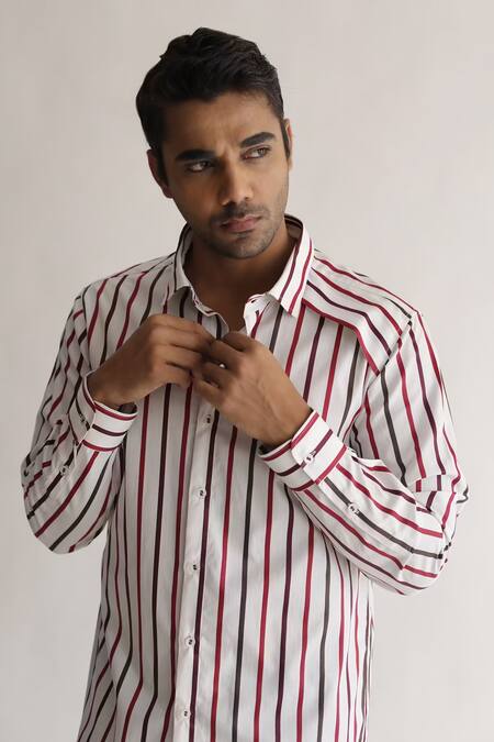 Shop Kaha White Italian Cotton Stripe Pattern Shirt at Aza Fashions Shop_Kaha_White Italian Cotton Stripe Pattern Shirt_at_Aza_Fashions